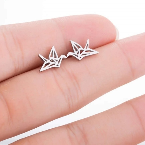 Jewelry - Silver Stainless Steel Origami Paper Crane Laser Cut Stud Earrings - Brand New!